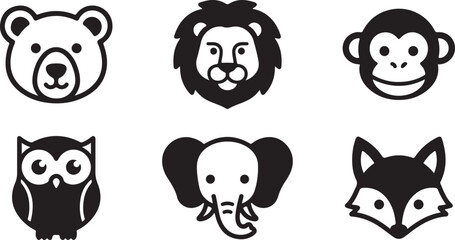 Set of six black and white animal face icons in simple cartoon style Vector © rohan