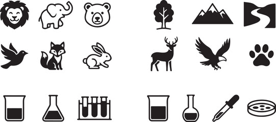 Set of black and white animal nature and science icons Vector