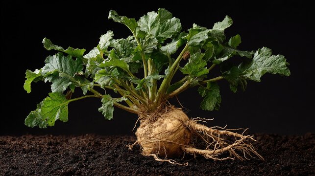 maca. A full Maca plant with green leaves and rough-textured root on dark soil. gardening catalogs, home-decor guides, designed for home decor and floral branding, celebrates nature.