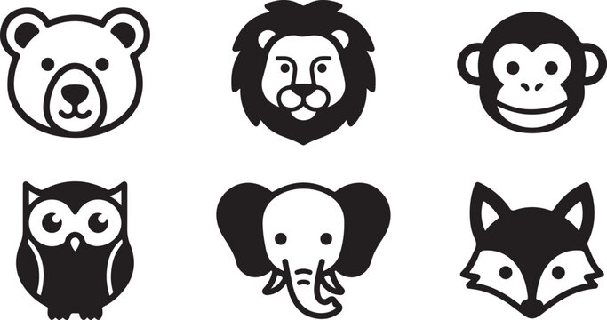 Set of six black and white animal face icons in simple cartoon style Vector