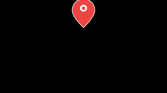 Animated red map location pin with pulsing radar effect on animation black background