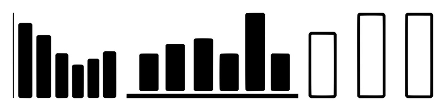 Presentation bar chart set with solid black icon on white background featuring bar graph, chart, data with monochrome and vector