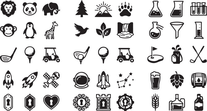 Set of 40 black and white vector icons featuring animals, sports, science, and symbols Vector