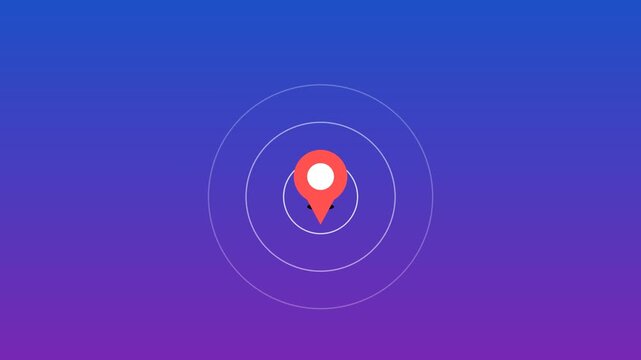 Animated map pin with pulsing radar waves on gradient animation background