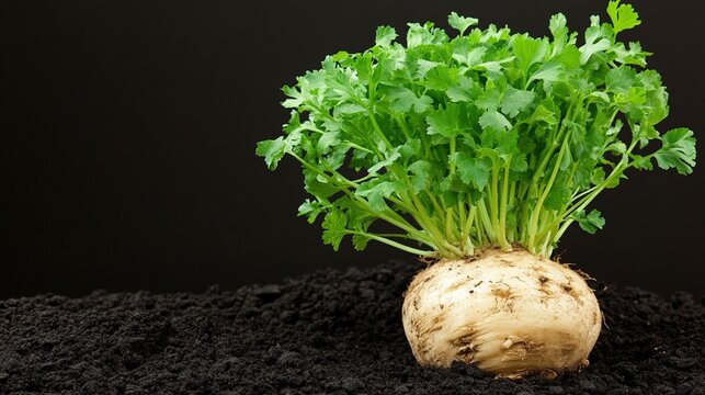 maca. A full Maca plant with green leaves and rough-textured root on dark soil. gardening catalogs, home-decor guides, designed for home decor and floral branding, celebrates nature.