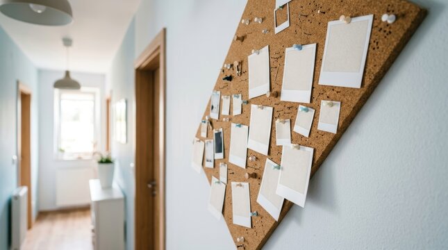 Decorative corkboard with scattered notes and papers in cozy home interior.