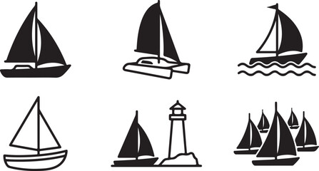 Six stylized sailboat icons with a lighthouse illustration Vector © rohan