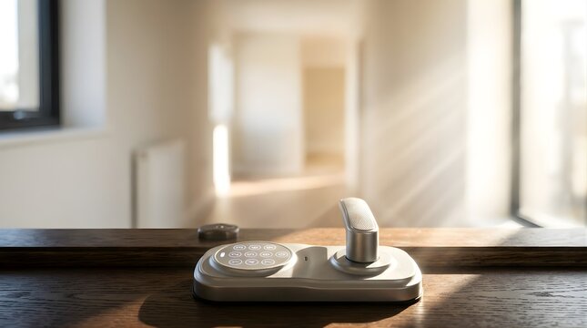 Smart digital door lock keypad with handle on a wooden shelf in a hall