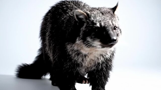Binturong Arctictis binturong bearcat walking in studio isolated on white background with thick coarse black and grey fur visible sharp claws and prehensile tail detail.