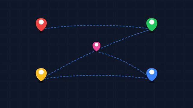 Animated map route path with colorful location pins and connecting lines animation