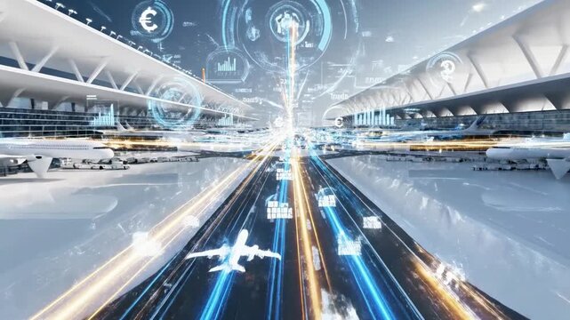 A futuristic airport terminal with a sleek, modern design and a plane on the runway
