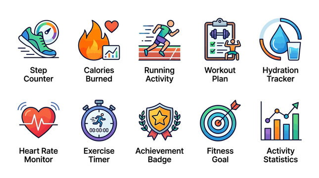 Fitness icons display various workout tracking features on a screen.