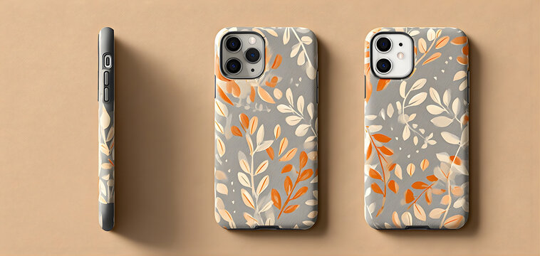 Three floral phone cases displayed on a beige background side and back views showcasing grey orange and white leaf patterns