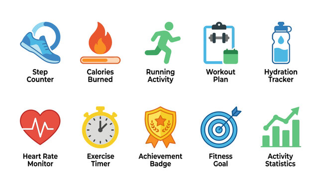 Fitness tracker app displays running activity and workout plan with step counter.