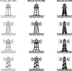 Fototapeta premium Lighthouse Icon Set with Thin Line Bold Outline and Solid Glyph Vector Illustration