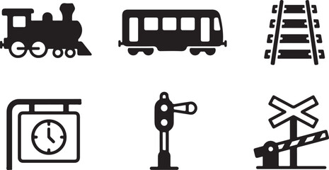 Set of six black and white train station icons including locomotive, railcar, tracks, clock, signal, and crossing Vector © rohan