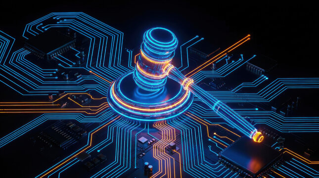 Digital gavel on futuristic motherboard symbolizes technology law and cyber justice in glowing neon blue and orange circuit design
