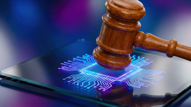 Digital justice concept with wooden gavel striking glowing microchip on glass surface, symbolizing law and technology interaction