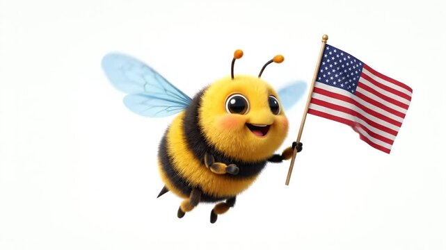 Cute Cartoon Bee Character Flying Happily Holding an American Flag
