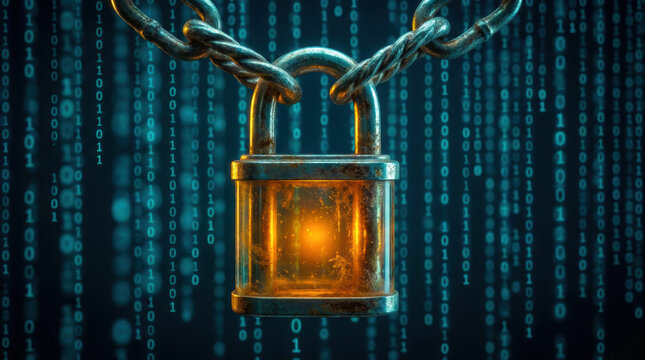 Glowing lock with chain in front of binary code background symbolizing digital security and data protection in technology environment