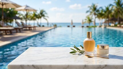 Obraz premium luxury skincare serum bottle and cosmetic cream jar on marble table by the pool