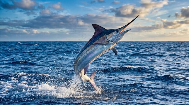 Photo of marlin swordfish leaping from blue ocean sea with splash made by AI generative