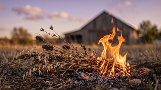 Small bonfire burning dry grass and thistles in a rural field at sunset with a blurred barn in the background