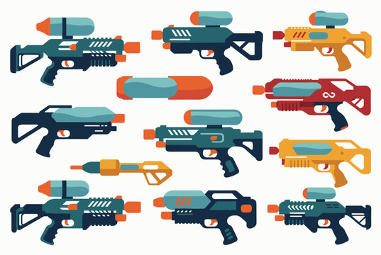 Diverse collection of colorful toy water guns and blasters in various shapes and sizes for summer pool and garden fun.