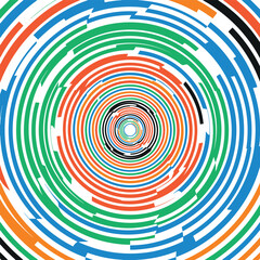 Fototapeta premium Abstract concentric circles with fragmented colorful lines creating a dynamic spiraling motion and a modern artistic background.