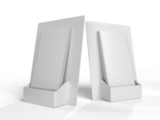 Fototapeta premium Blank brochure holder mockup with stacked brochures on a background. 3D Template ideal for corporate branding, marketing materials, retail promotions, office displays, and print advertising showcases.