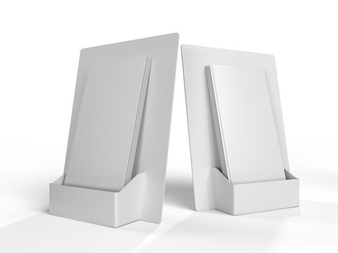 Blank brochure holder mockup with stacked brochures on a background. 3D Template ideal for corporate branding, marketing materials, retail promotions, office displays, and print advertising showcases.