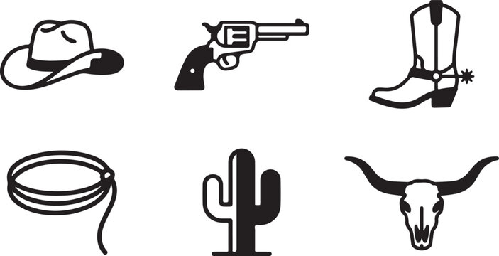 Western cowboy icon set with cowboy hat, revolver, boots, lasso, cactus, and bull skull Vector