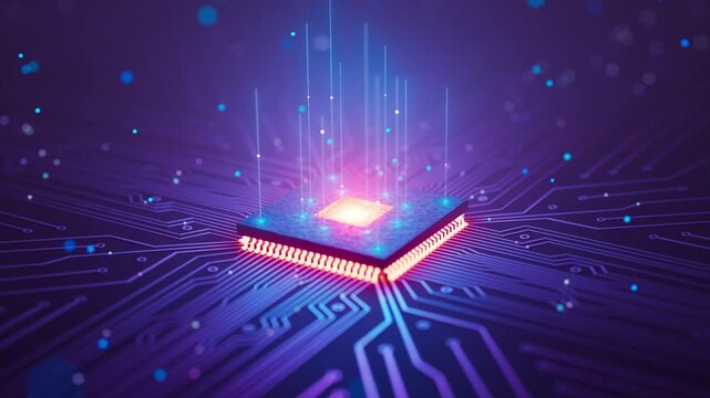 Seamless futuristic 3D render animation of an illuminated computer chip with neon circuitry, AI computing concept and abstract digital technology scene.