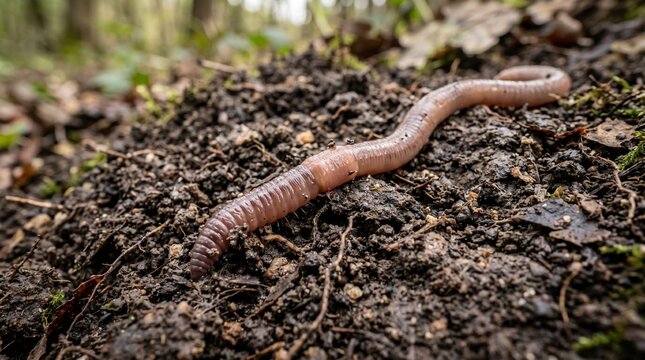 Macro photo of earthworm in wet soil ground made by AI generative