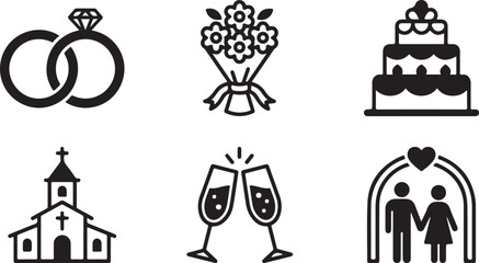 Fototapeta premium Wedding celebration icons set with rings, bouquet, cake, church, champagne and couple Vector