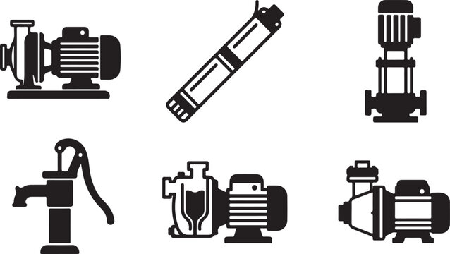 Six types of water pumps and hand pump icons set Vector