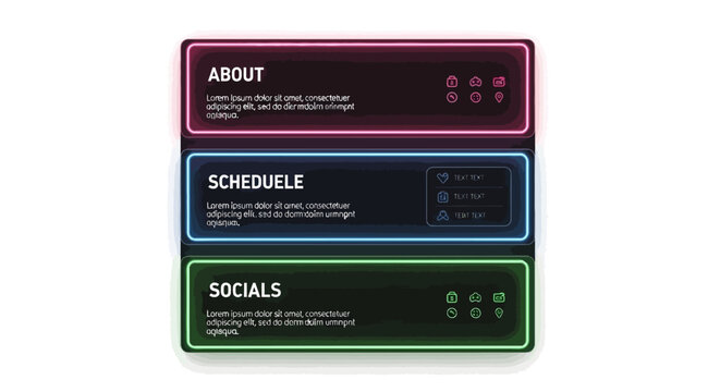 Neon twitch profile panel set with about schedule and socials buttons.