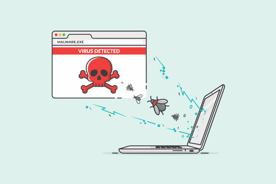 Virus Detected on Laptop Screen with Malware Fly Out
