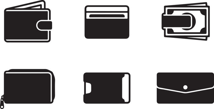 Six different types of black wallets and cardholders flat icon set Vector