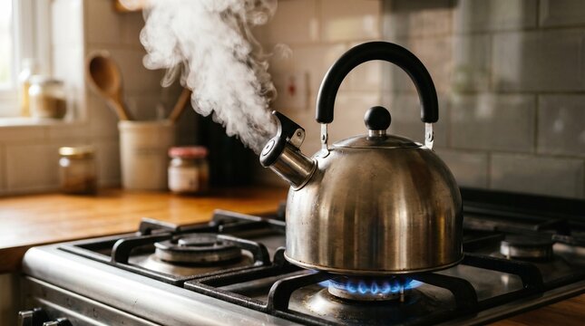  Photo of metal kettle boiling on gas stove with steam made by AI generative