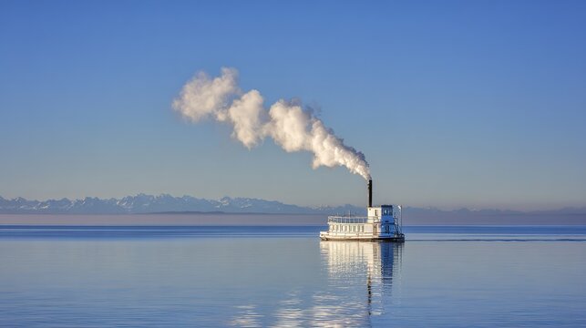 reamer. A small steamboat on a calm lake with smoke from its chimney and misty mountains in the distance. lifestyle magazines.