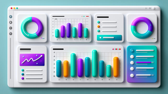 Violettes Dashboard mit Balken- und Kreisdiagrammen auf hellem Hintergrund