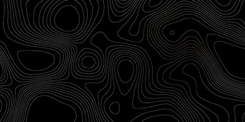 Abstract black and white topographic contour lines map illustrating elevation and geographic patterns. © mia