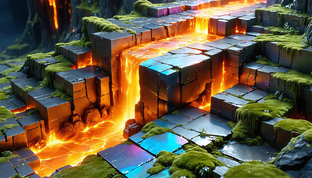 An ultrarealistic 3D render of a geometric steplike bismuth crystal terrain with green moss and a bright molten lava waterfall flowing through the center.