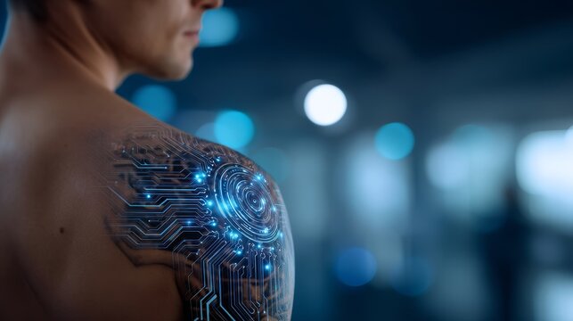 A futuristic concept of human and technology integration is depicted by a man with a glowing cybernetic implant on his shoulder. Digital circuits and blue lights symbolize advanced innovation