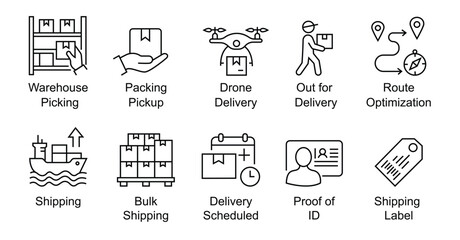 Naklejka premium Shipping ,delivery, logistics icon set. E-commerce parcel tracking, courier transit, warehouse picking, drone delivery, and supply chain management outline icons.