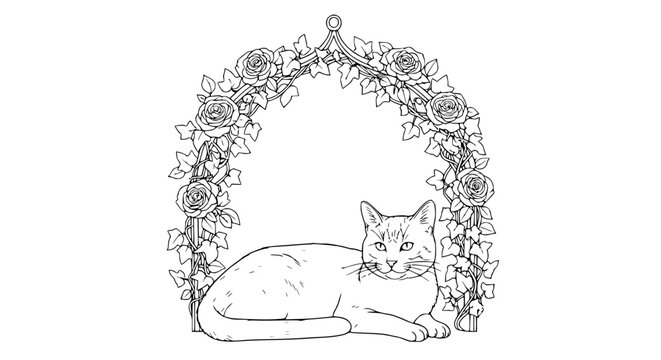 Cat Resting Under Rose Archway, Line Art Illustration