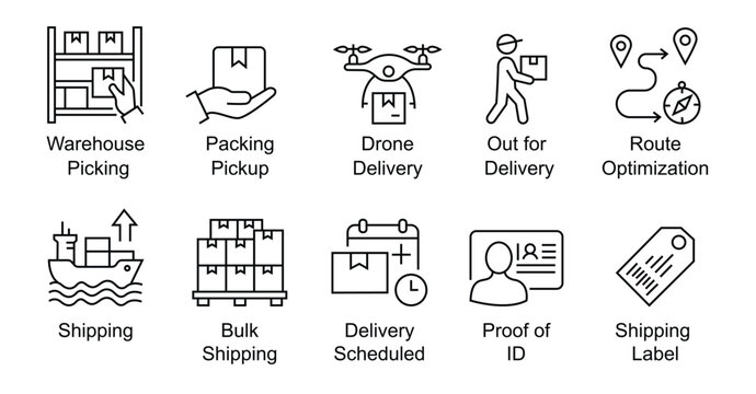 Shipping ,delivery, logistics icon set. E-commerce parcel tracking, courier transit, warehouse picking, drone delivery, and supply chain management outline icons.