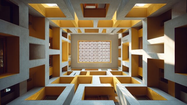 Symmetrical Architectural Courtyard with Repeating Geometric Yellow and Concrete Forms