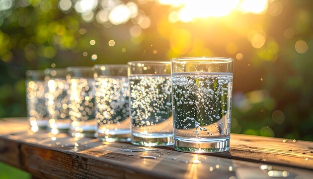 朝日の差し込む屋外の木のテーブルに並ぶ炭酸の泡立つ水のグラス